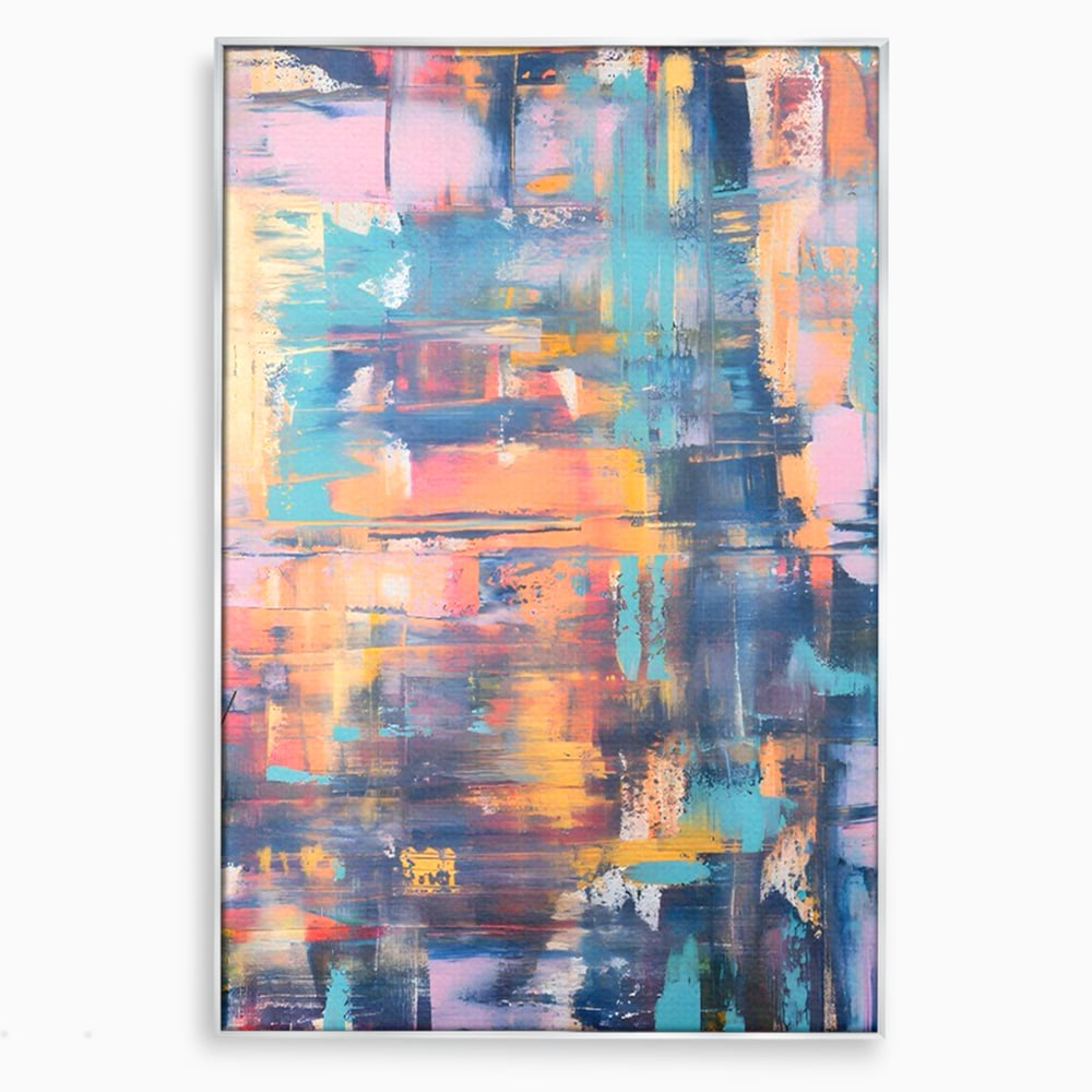 Tablou canvas cu pictura abstracta cu linii verticale, in rama de aluminiu argintiu